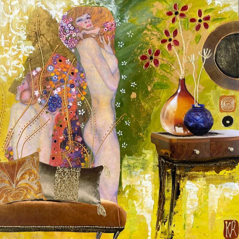 Peinture Mina et sa sœur  par Romanelli Karine | Tableau Figuratif Scènes de vie Nu Acrylique Collage Posca Pastel Feuille d'or Papier