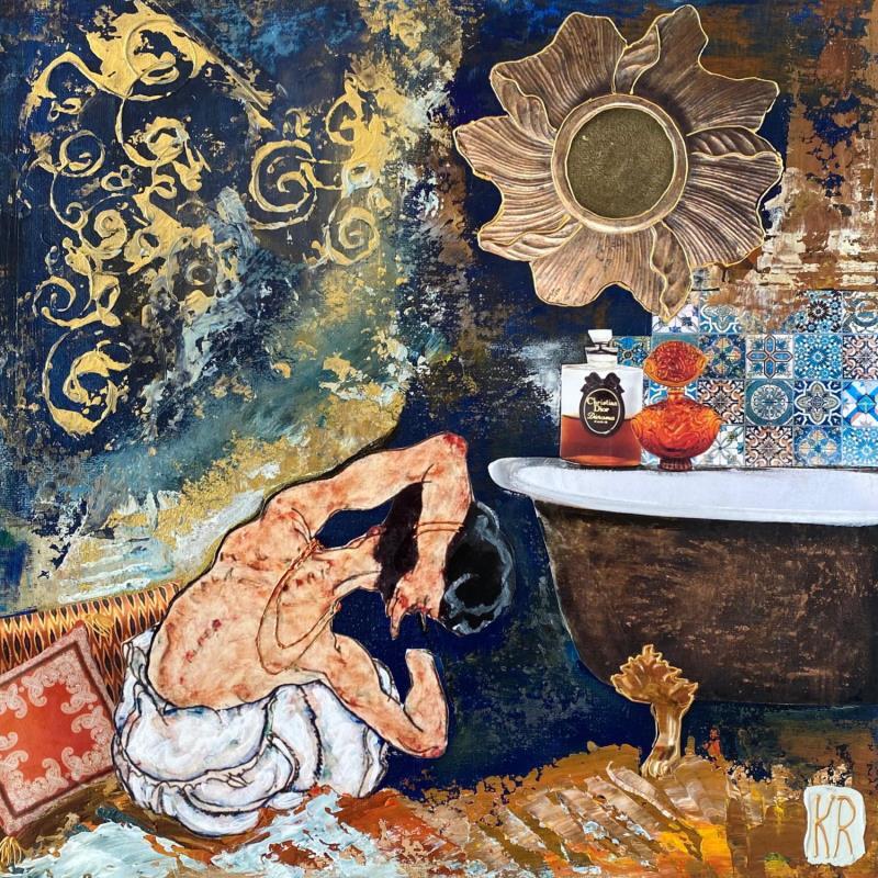 Peinture Le bain d’Anna  par Romanelli Karine | Tableau Figuratif Scènes de vie Nu Acrylique Collage Posca Pastel Feuille d'or Papier