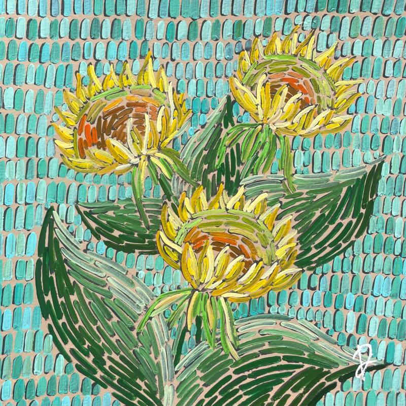 Peinture Sunflowers on turquoise 2 par Dmitrieva Daria | Tableau Impressionnisme Acrylique Nature