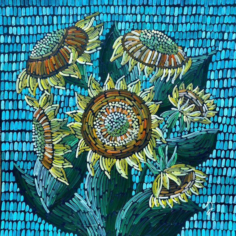 Peinture Sunflowers on turquoise 3 par Dmitrieva Daria | Tableau Impressionnisme Nature Acrylique