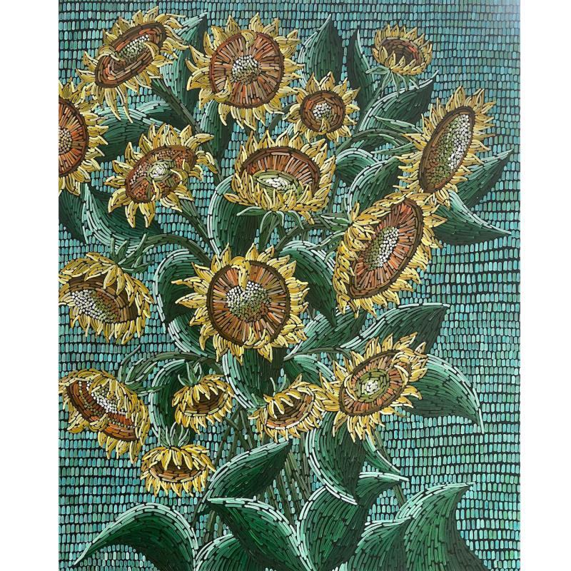 Gemälde Sunflowers on turquoise von Dmitrieva Daria | Gemälde Impressionismus Natur Acryl