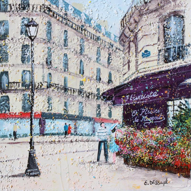 Peinture Le fleuriste de Paris par Dessapt Elika | Tableau Impressionnisme Acrylique Sable