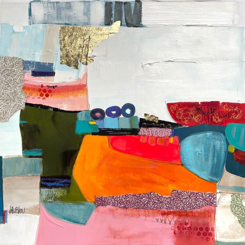 Painting Arbres de la promenade by Lau Blou | Painting Abstract Acrylic, Gluing, Gold leaf, Paper, Pastel Landscapes