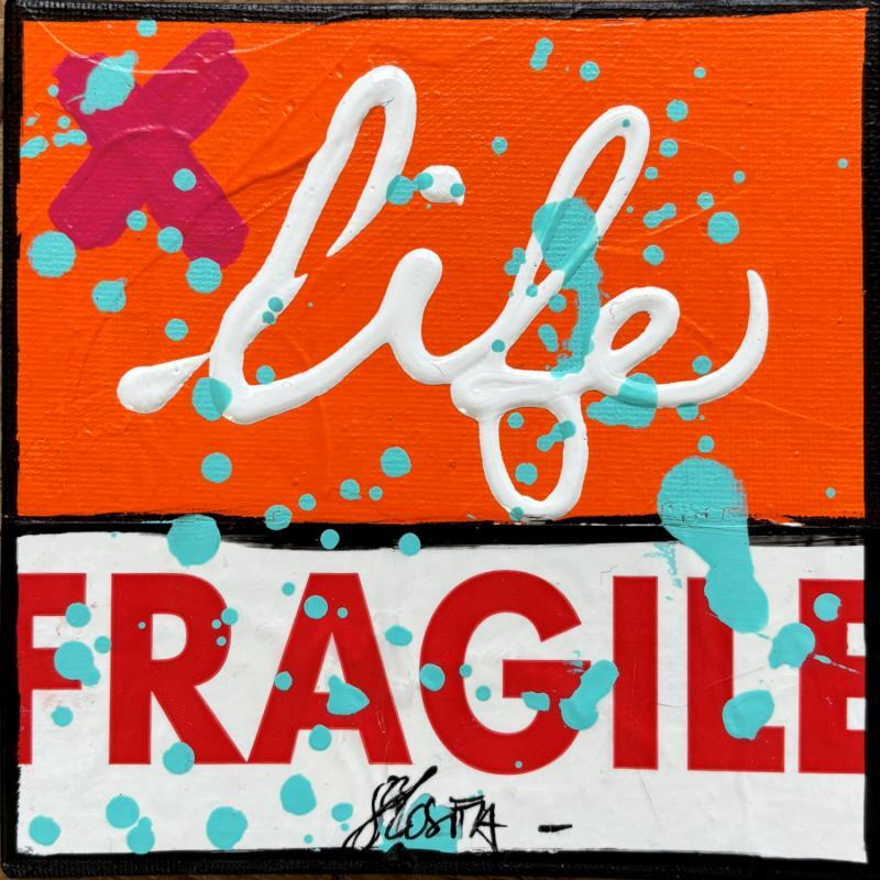 Gemälde Fragile life (orange) von Costa Sophie | Gemälde Pop-Art Acryl Collage Upcycling