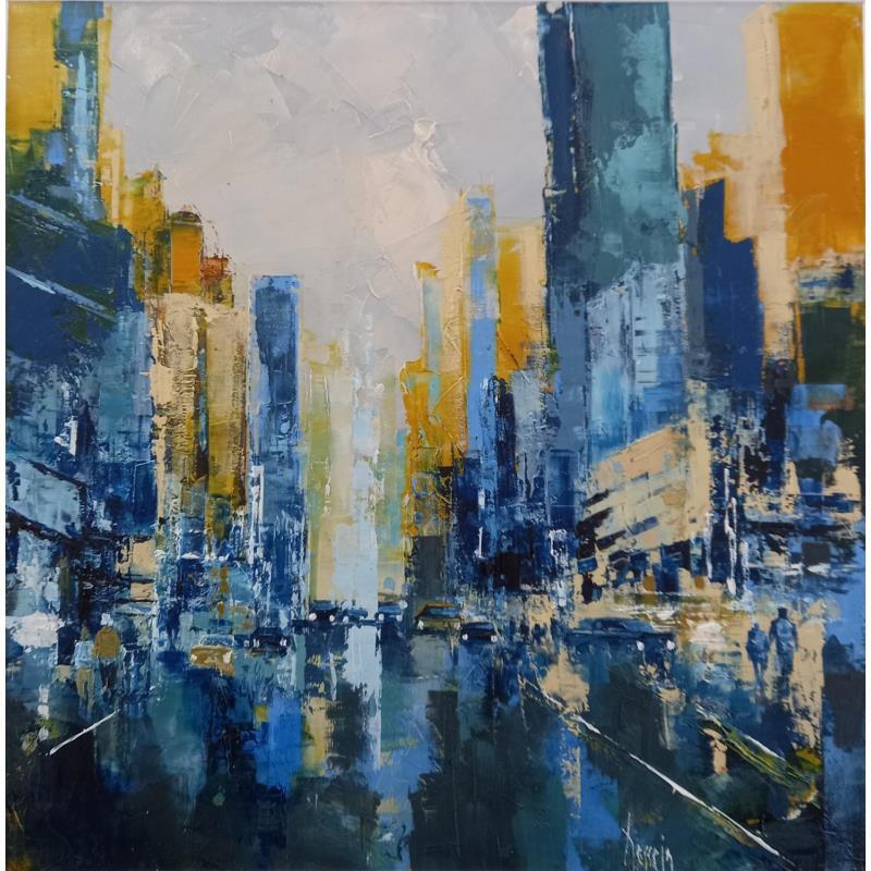 Peinture City bleue et jaune par Dessein Pierre | Tableau Figuratif Urbain Architecture Huile