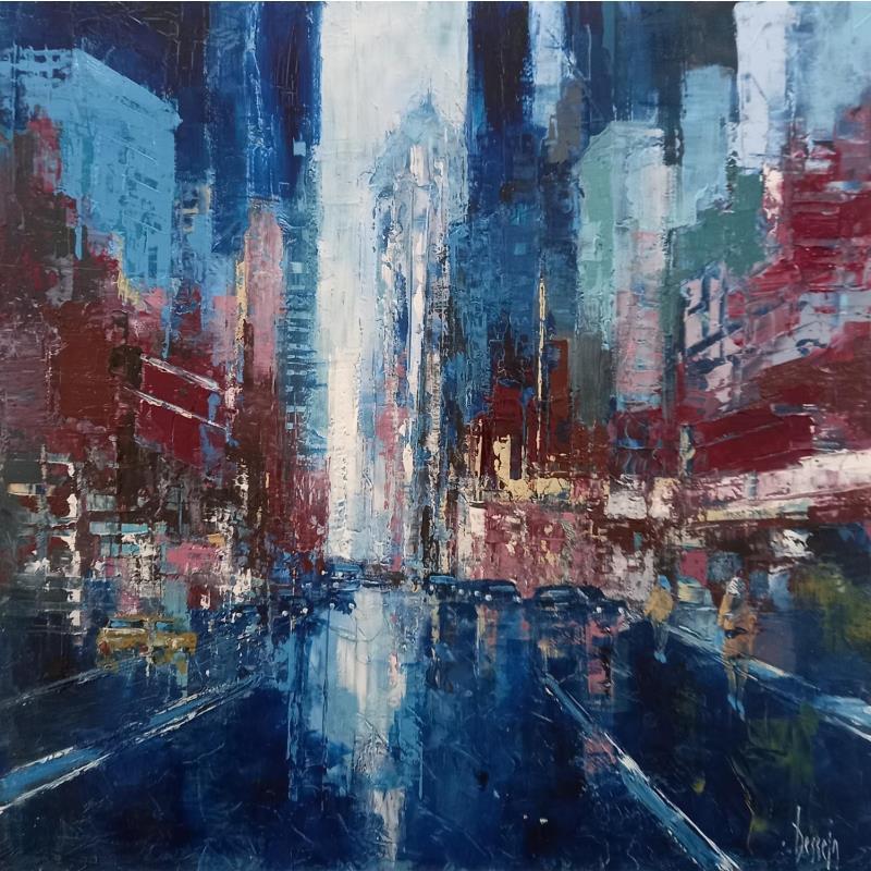 Painting Red and blue by Dessein Pierre | Painting Figurative Urban Architecture Oil