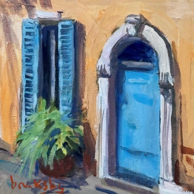 Peinture La Porte Bleue par Brooksby | Tableau Figuratif Urbain Nature Huile