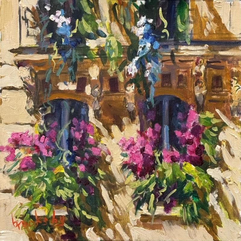 Peinture Balcons, fleurs au soleil par Brooksby | Tableau Figuratif Paysages Nature Architecture Huile