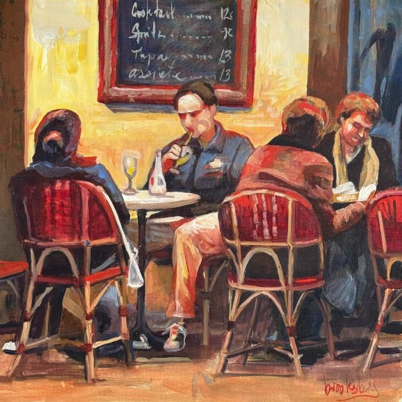 Peinture Red Eye Cafe - Cafe Descartes Paris par Brooksby | Tableau Figuratif Scènes de vie Huile