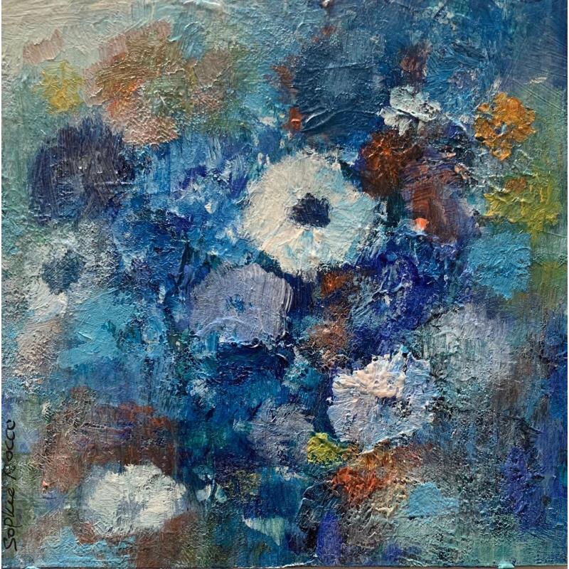 Gemälde Je suis fleur bleue von Rocco Sophie | Gemälde Art brut Acryl Collage Sand