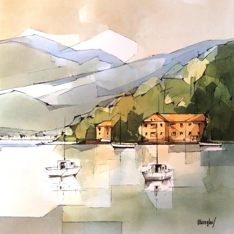 Gemälde LAC en ITALIE von Langlois Jean-Luc | Gemälde Figurativ Aquarell Marine