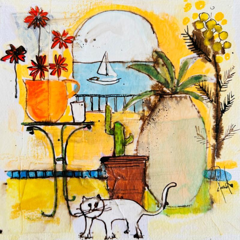 Painting Petit chat by Colombo Cécile | Painting Naive art Life style Watercolor Acrylic Gluing Ink Pastel