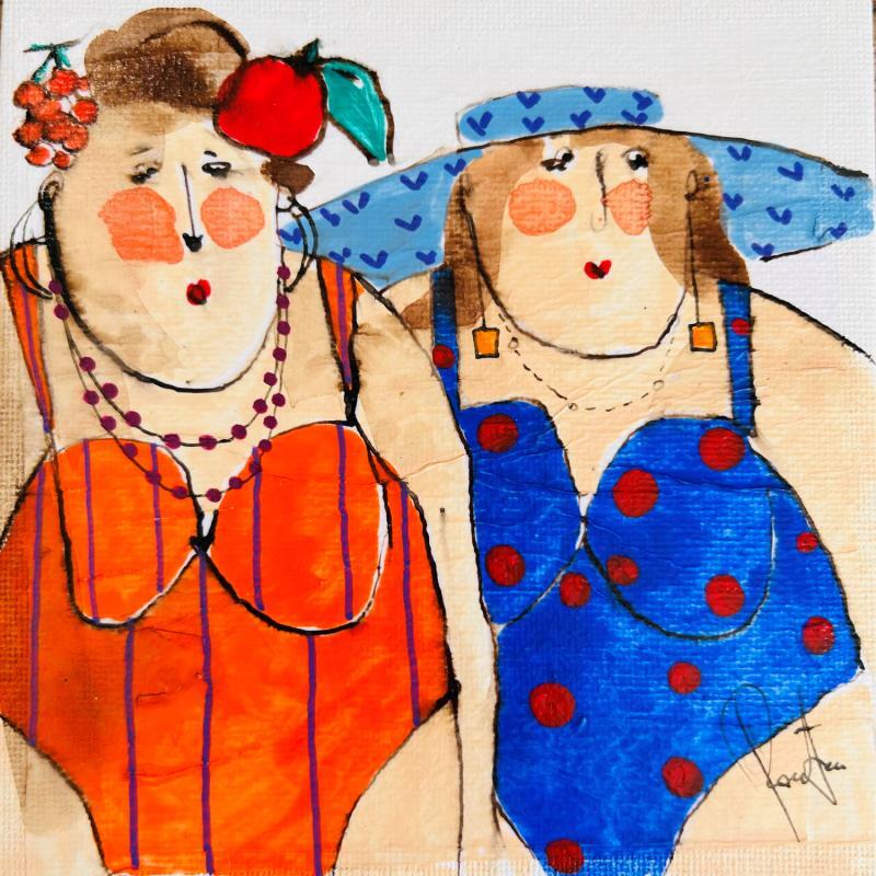 Peinture Marthe et Zoé par Colombo Cécile | Tableau Art naïf Portraits Scènes de vie Aquarelle Acrylique Collage Encre Pastel