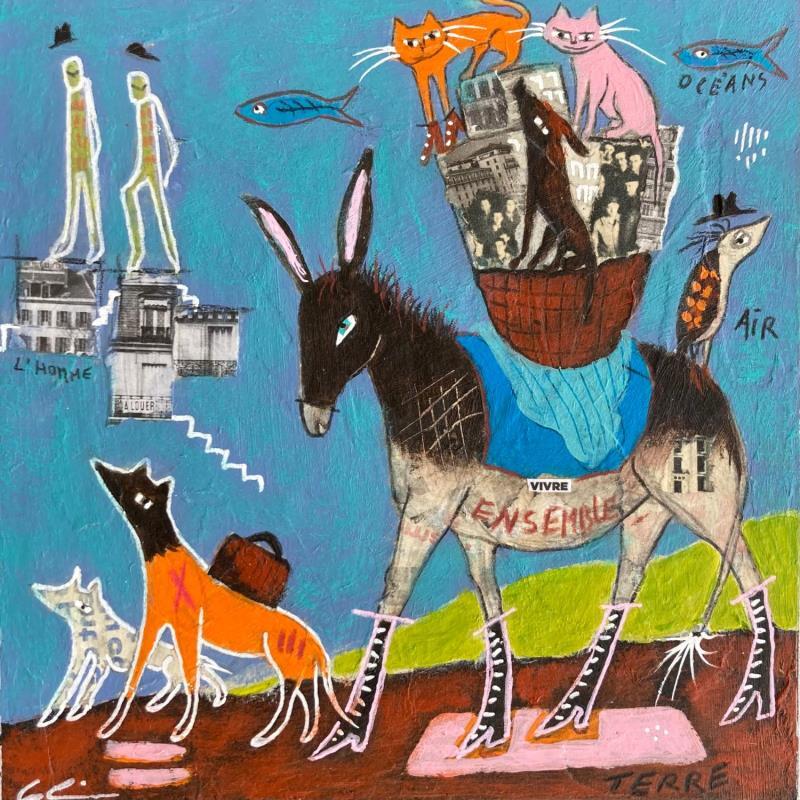 Gemälde La marche  von Colin Sylvie | Gemälde Art brut Tiere Acryl Collage Pastell