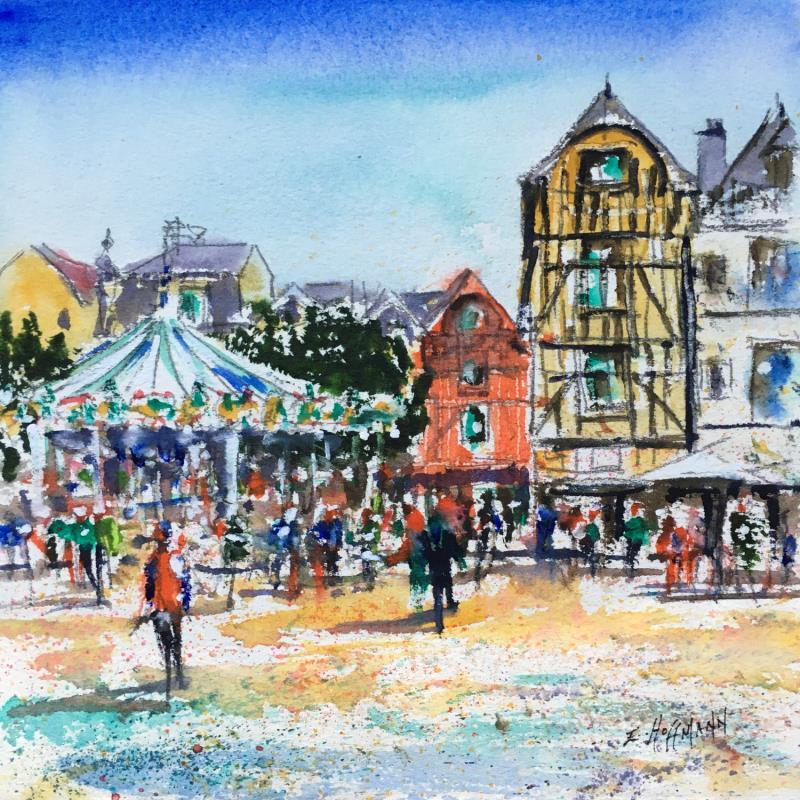 Painting Troyes Place Maréchal Foch  by Hoffmann Elisabeth | Painting Figurative Urban Watercolor