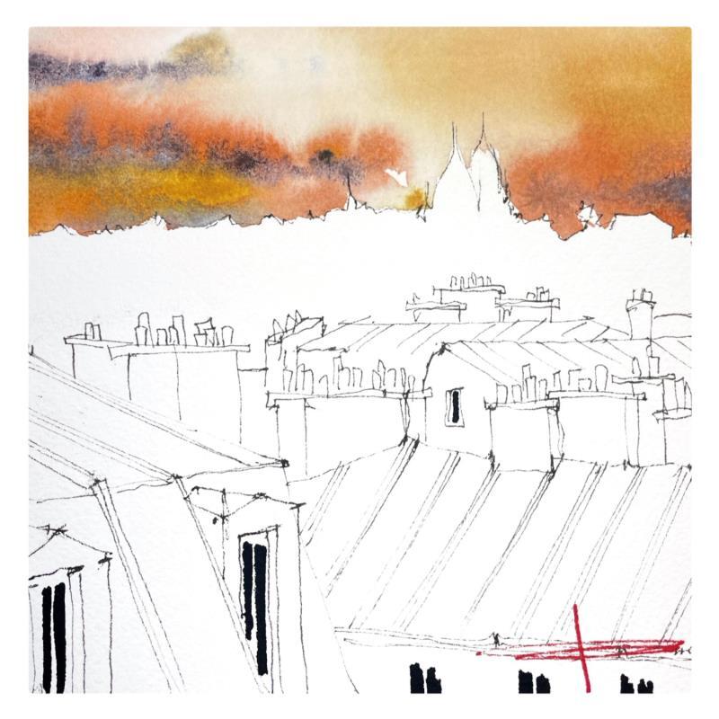 Painting Les toits de Montmartre by Bailly Kévin  | Painting Figurative Ink, Watercolor Architecture, Urban