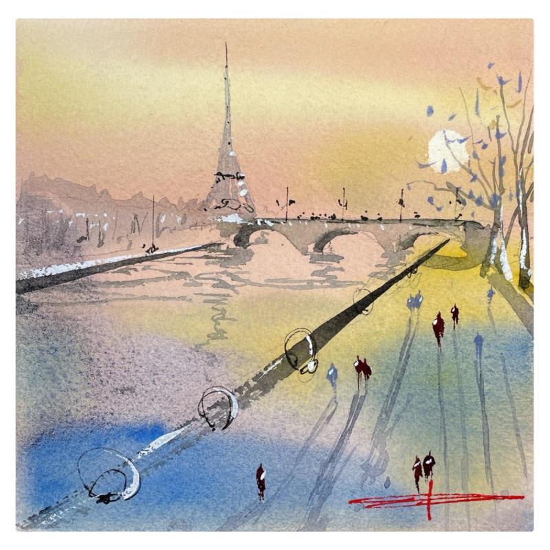 Peinture Couché de soleil à Paris par Bailly Kévin  | Tableau Figuratif Urbain Architecture Aquarelle Encre