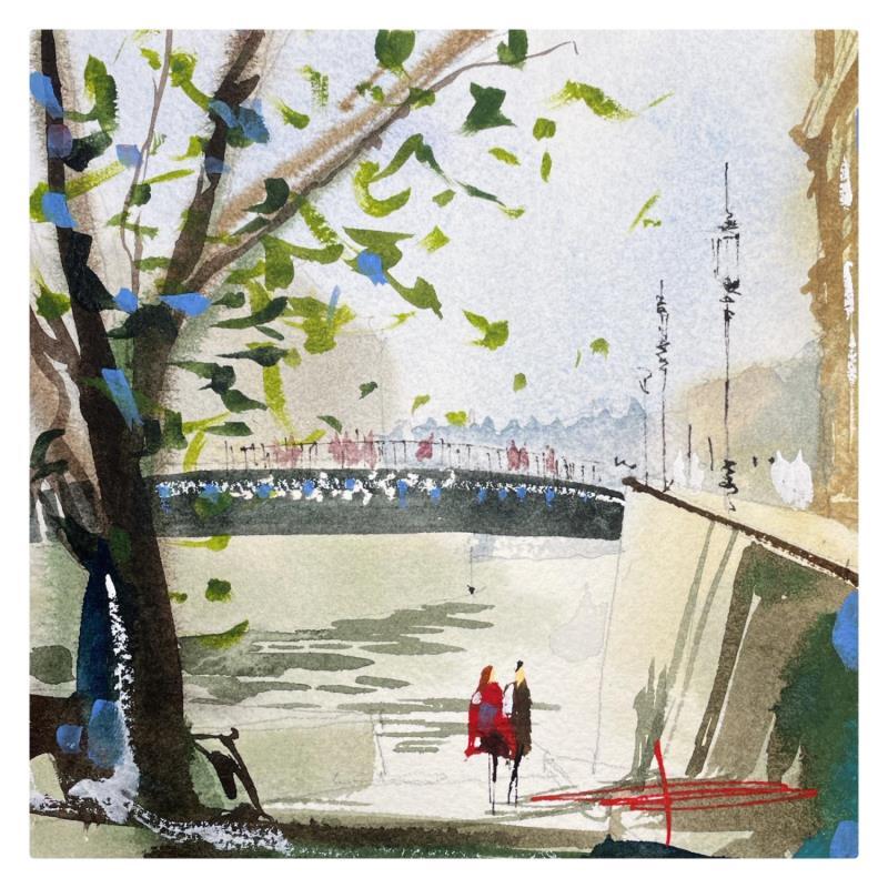 Painting Les quais de Seine by Bailly Kévin  | Painting Figurative Ink, Watercolor Architecture, Urban