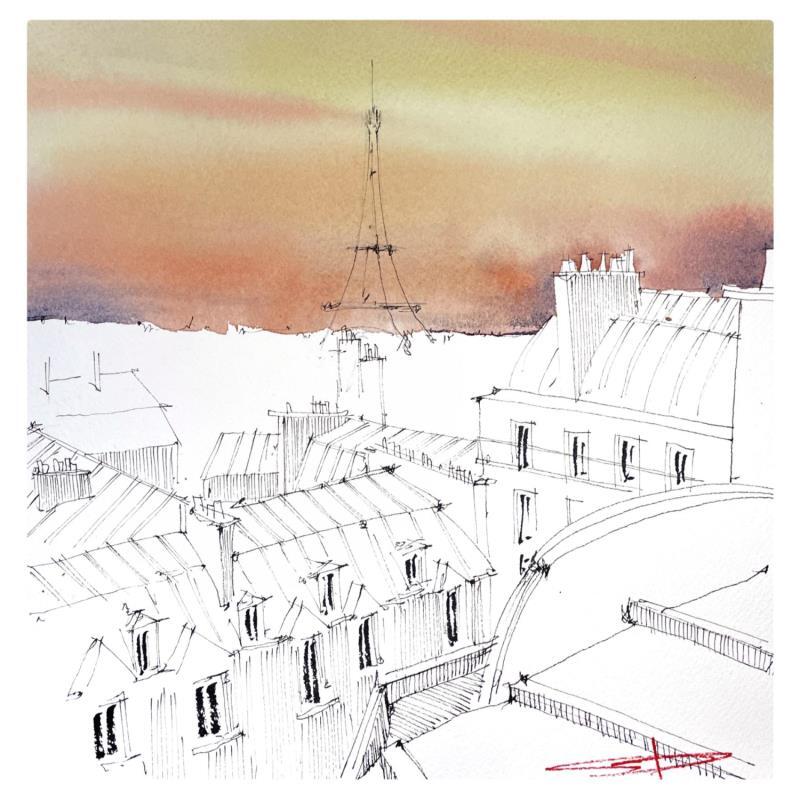 Gemälde Les Toits de Paris von Bailly Kévin  | Gemälde Figurativ Urban Architektur Aquarell Tinte