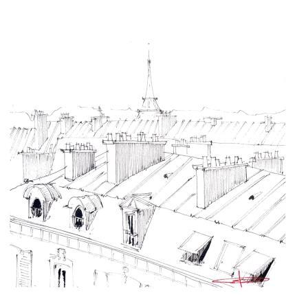 Gemälde Les Toits parisiens sur la Tour Eiffel von Bailly Kévin  | Gemälde Figurativ Aquarell, Tinte Architektur, Urban