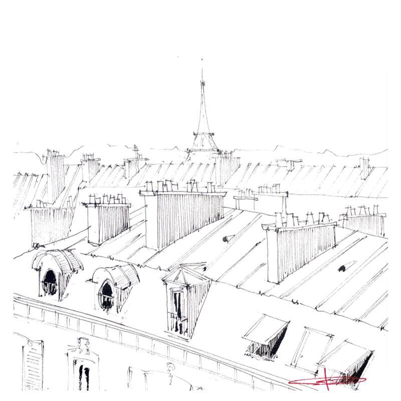 Gemälde Les Toits parisiens sur la Tour Eiffel von Bailly Kévin  | Gemälde Figurativ Urban Architektur Aquarell Tinte