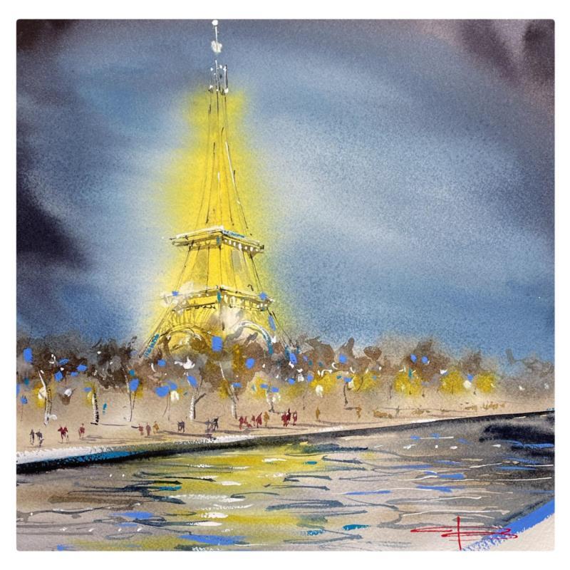 Peinture Promenade de nuit à Paris par Bailly Kévin  | Tableau Figuratif Urbain Architecture Aquarelle Encre