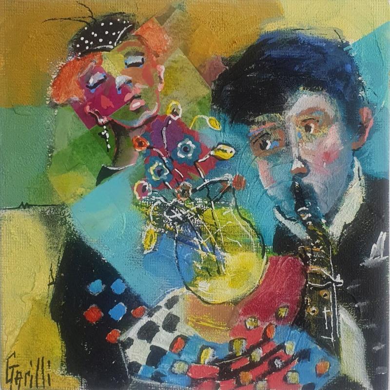 Gemälde La groupie du saxophoniste von Garilli Nicole | Gemälde Figurativ Alltagsszenen Acryl Collage Marmorpulver