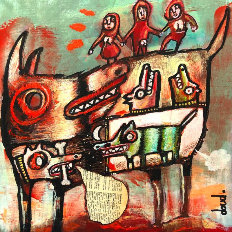 Peinture Le loup boit trop de rouge par Doudoudidon | Tableau Art Singulier Scènes de vie Animaux Nu Acrylique