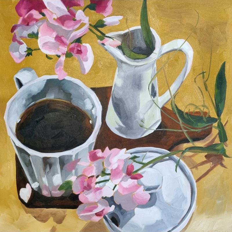 Peinture coffee and pink flowers par Ulrich Julia | Tableau Figuratif Bois Huile