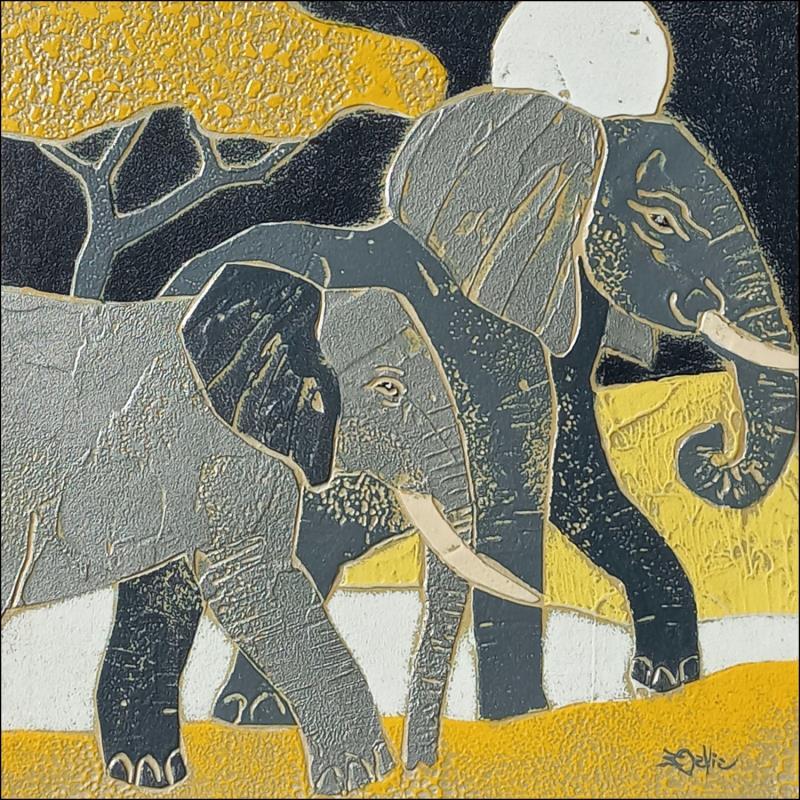 Peinture ELEPHANTS. par Devie Bernard  | Tableau Matiérisme Animaux Carton Acrylique