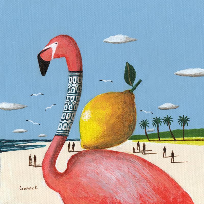 Painting Flamant au citron by Lionnet Pascal | Painting Surrealism Acrylic Animals, Life style, Marine, Pop icons