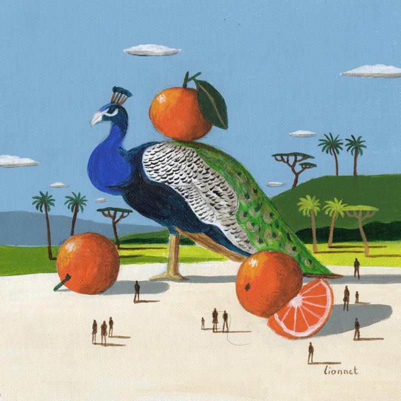 Peinture Paon aux oranges par Lionnet Pascal | Tableau Surréalisme Paysages Scènes de vie Animaux Acrylique