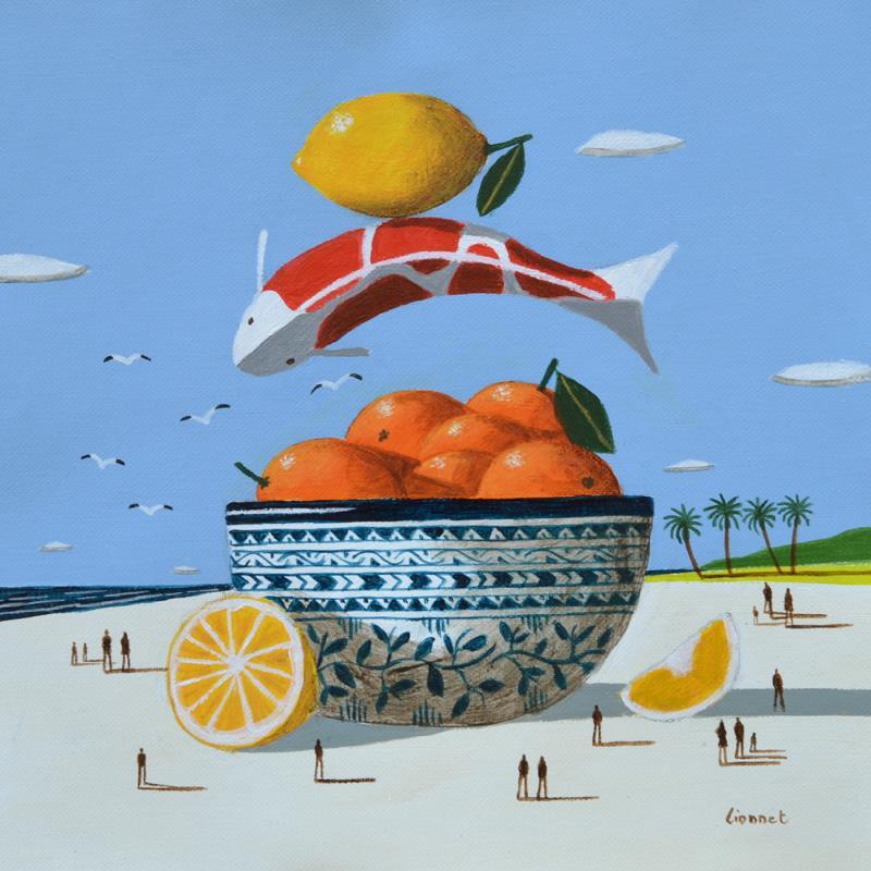 Painting  Carpe et fruits sur la plage by Lionnet Pascal | Painting Surrealism Acrylic Animals, Life style, Still-life