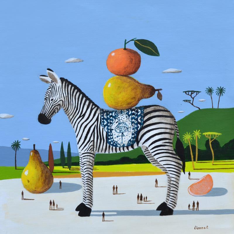 Painting zèbre aux fruits by Lionnet Pascal | Painting Surrealism Landscapes Animals Still-life Acrylic