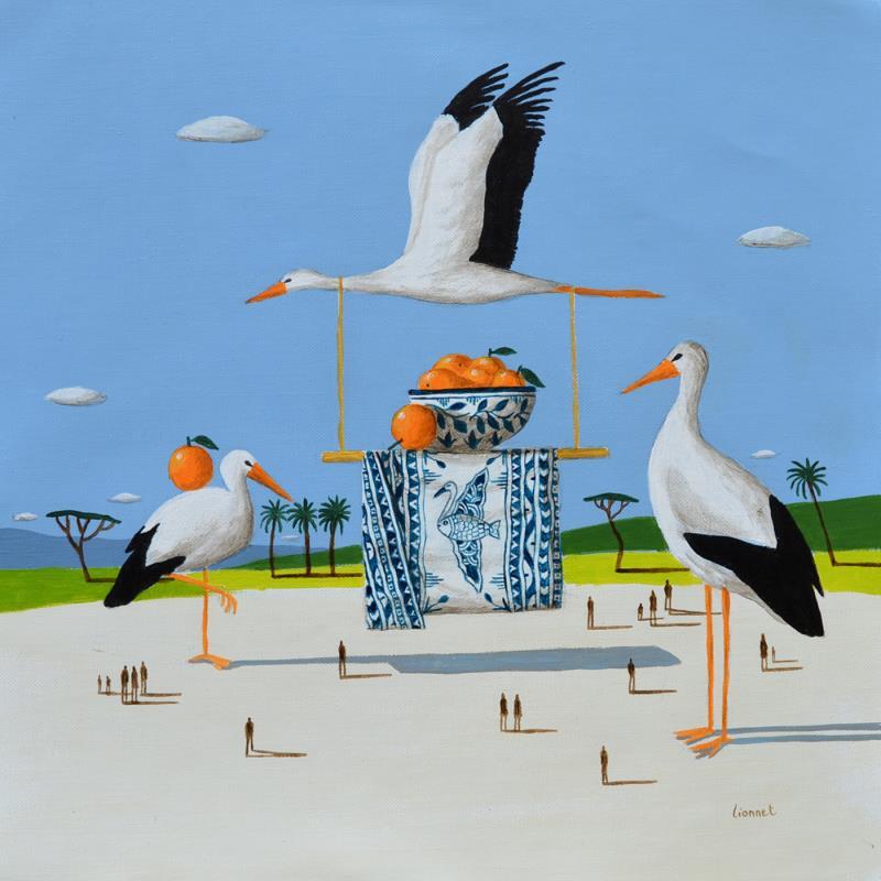 Painting Cigognes by Lionnet Pascal | Painting Surrealism Acrylic Animals, Life style, Still-life