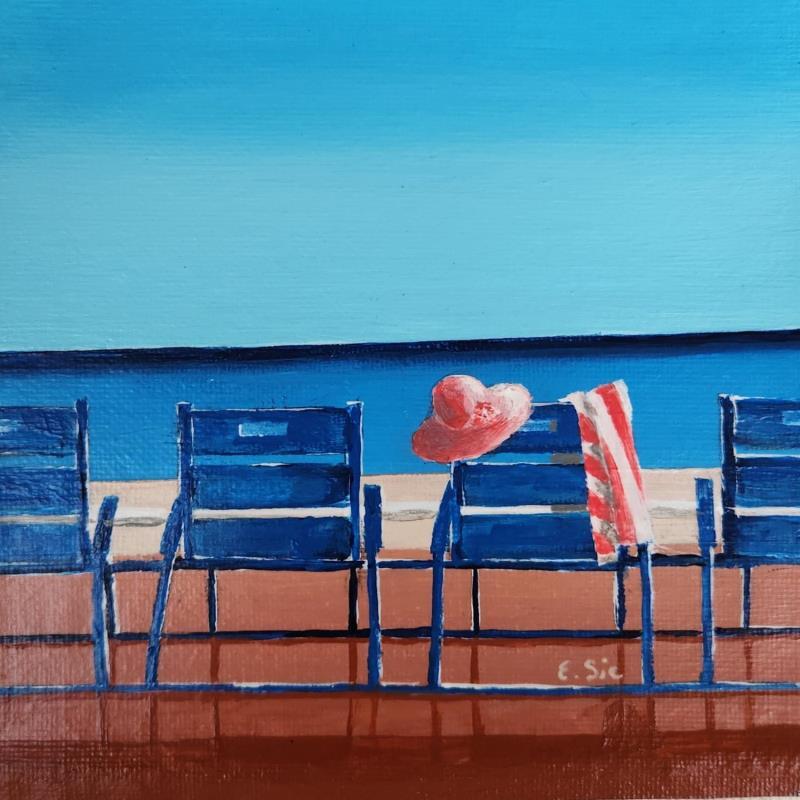 Painting Chaises bleues et chapeau et serviette rose by Sie Evelyne | Painting Figurative Acrylic Landscapes, Life style