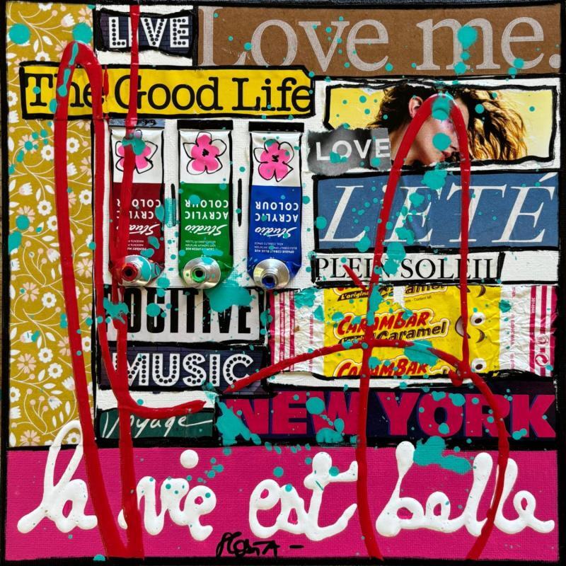 Gemälde La vie est belle ! (love me) von Costa Sophie | Gemälde Pop-Art Acryl Collage Upcycling