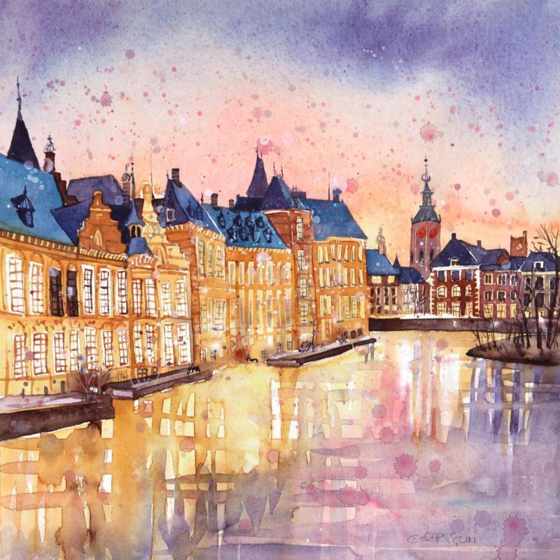 Gemälde NO.  24212  THE HAGUE  HOFVIJVER EVENING von Thurnherr Edith | Gemälde Materialismus Urban Aquarell