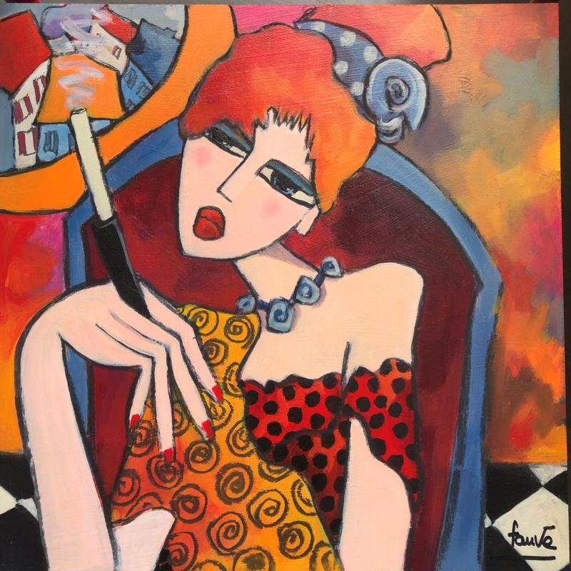 Gemälde Femme à la robe rouge  von Fauve | Gemälde Figurativ Acryl Alltagsszenen