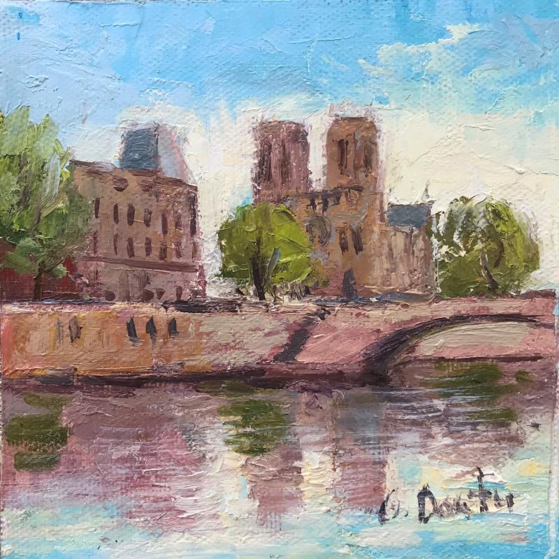 Peinture Le pont au près de la Cathédrale Notre-Dame de Paris  par Dontu Grigore | Tableau Figuratif Urbain Huile