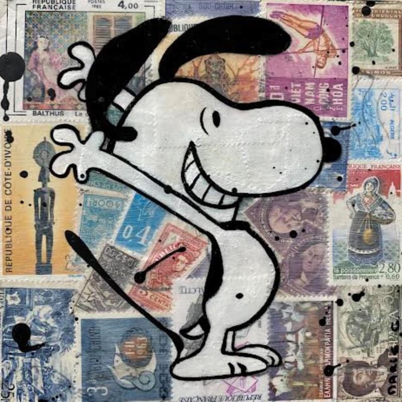 Peinture snoopy timbré I par Marie G.  | Tableau Pop-art Icones Pop Bois Acrylique Collage