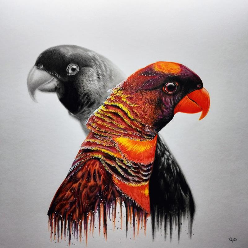 Peinture Perroquets orange par K'Arts | Tableau Figuratif Fusain Animaux, Scènes de vie, Société