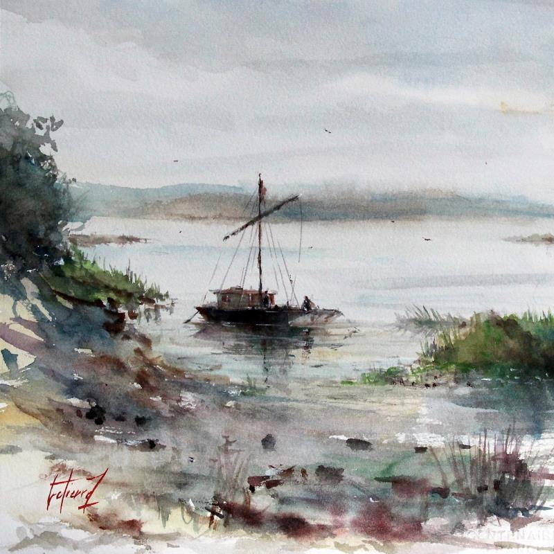 Painting L'aube sur la Loire by Gutierrez | Painting Impressionism Nature Watercolor