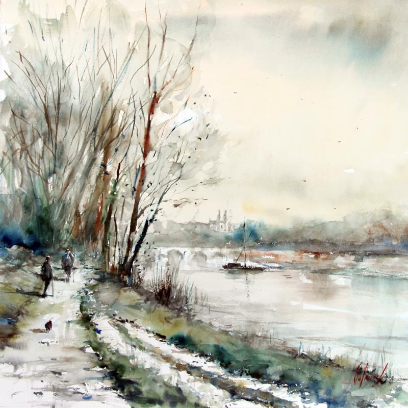 Peinture Balade hivernale au bord de la Loire par Gutierrez | Tableau Impressionnisme Paysages Aquarelle