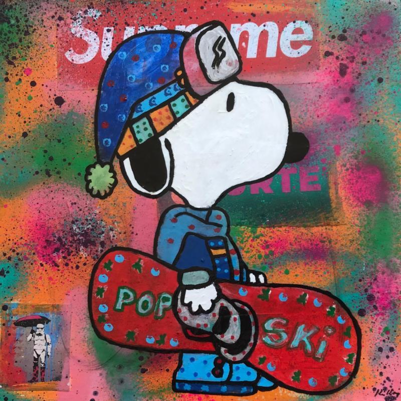 Gemälde Snoopy Snow board von Kikayou | Gemälde Pop-Art Pop-Ikonen Graffiti Acryl Collage