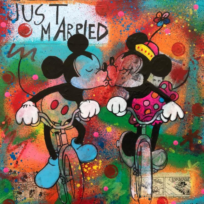 Gemälde Minnie et Mickey velo von Kikayou | Gemälde Pop-Art Pop-Ikonen Graffiti Acryl Collage