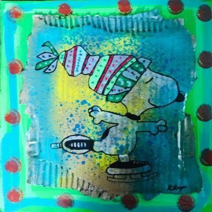 Gemälde Snoopy patineur von Kikayou | Gemälde Pop-Art Acryl, Collage, Graffiti, Pappe Pop-Ikonen