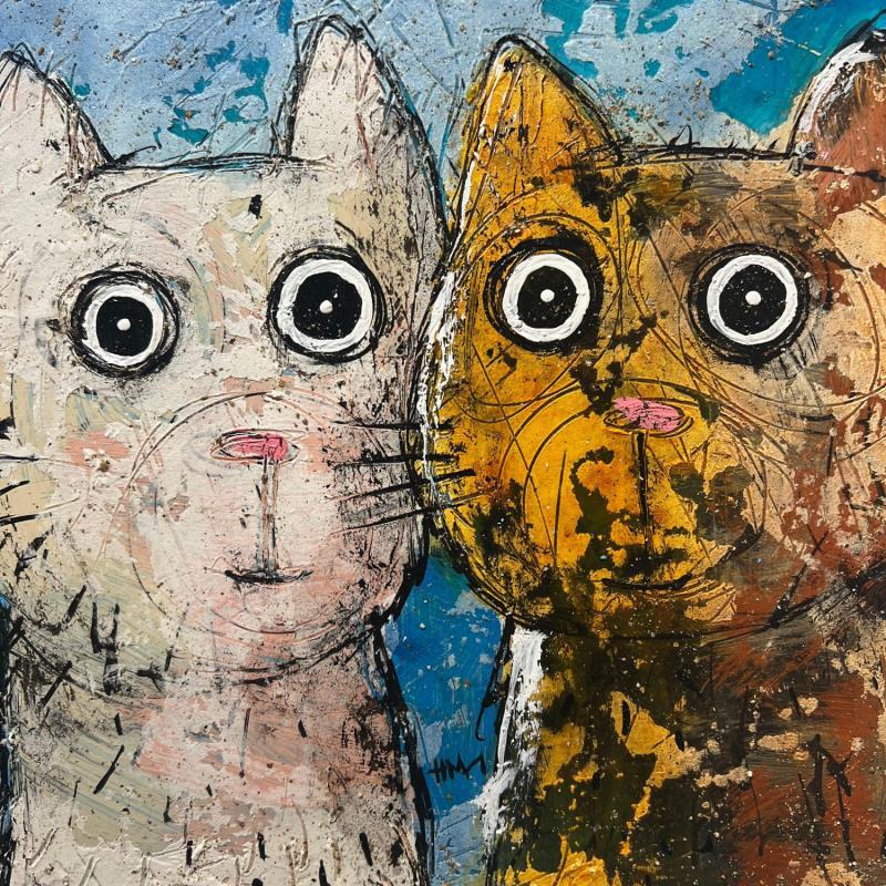 Peinture 2 Cats par Maury Hervé | Tableau Art Singulier Encre, Pigments, Posca, Sable Animaux