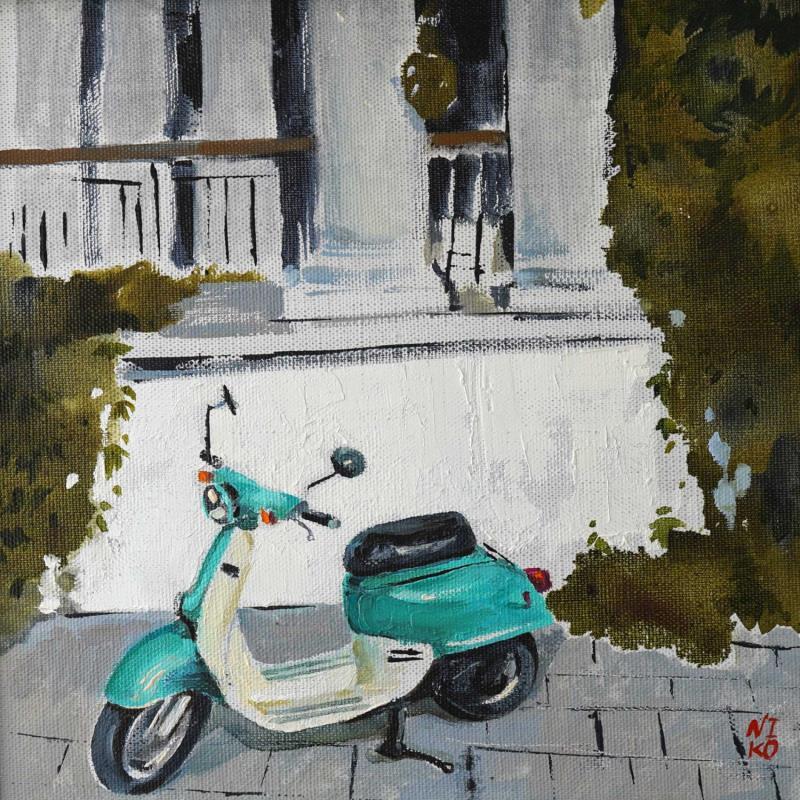 Peinture Paris 46 - Scooter blanc par Niko Marina  | Tableau Figuratif Urbain Huile