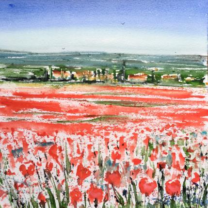 Peinture Coquelicots à perte de vue  par Hoffmann Elisabeth | Tableau Figuratif Aquarelle Nature, Paysages